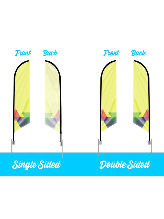 custom single or double sided feather angled flag and banner to advertise your business and logo. fast turnaround and design assistance available