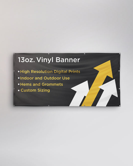 fully customizable vinyl banner printed on 13oz material. hemmed and grommets to help secure flag 